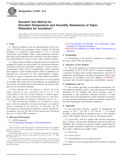ASTM C1258-2021aStandard Test Method for Elevated Temperature and Humidity Resistance of Vapor Retarders for Insulation