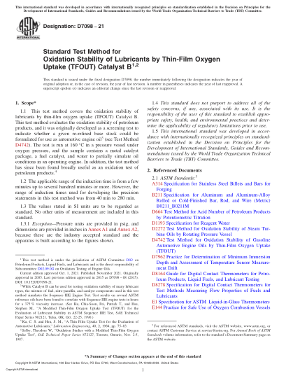 ASTM D7098-2021Standard Test Method for Oxidation Stability of Lubricants by Thin-Film Oxygen Uptake (TFOUT) Catalyst B