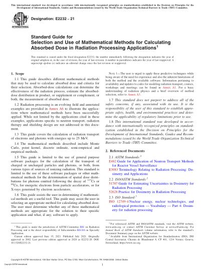 ASTM E2232-2021Standard Guide for Selection and Use of Mathematical Methods for Calculating Absorbed Dose in Radiation Processing Applications