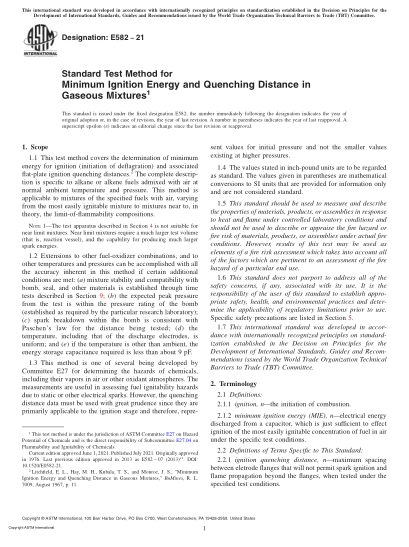 ASTM E582-2021Standard Test Method for Minimum Ignition Energy and Quenching Distance in Gaseous Mixtures