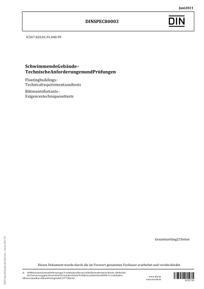 DIN SPEC 80003-2021Floating buildings - Technical requirements and tests