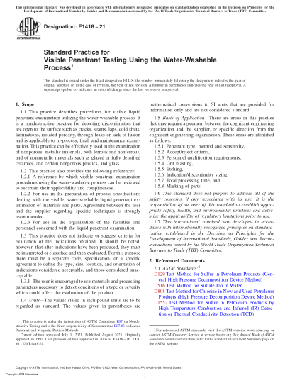 ASTM E1418-2021Standard Practice for Visible Penetrant Testing Using the Water-Washable Process
