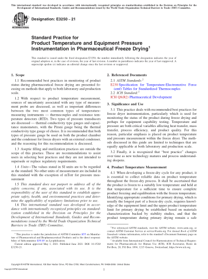 ASTM E3250-2021藥品冷凍干燥中產品溫度和設備壓力儀表的標準實施規(guī)范Standard Practice for Product Temperature and Equipment Pressure Instrumentation in Pharmaceutical Freeze Drying