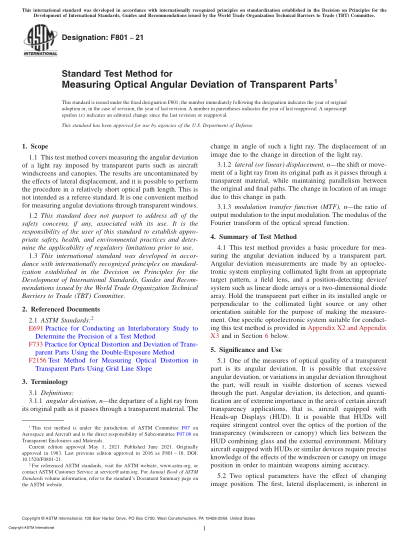 ASTM F801-2021Standard Test Method for Measuring Optical Angular Deviation of Transparent Parts