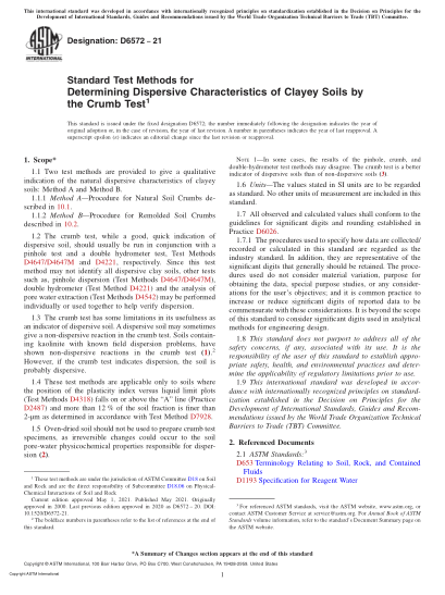 ASTM D6572-2021Standard Test Methods for Determining Dispersive Characteristics of Clayey Soils by the Crumb Test