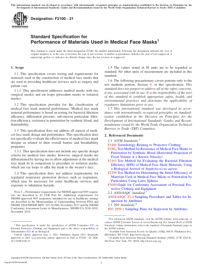 ASTM F2100-2021Standard Specification for Performance of Materials Used in Medical Face Masks