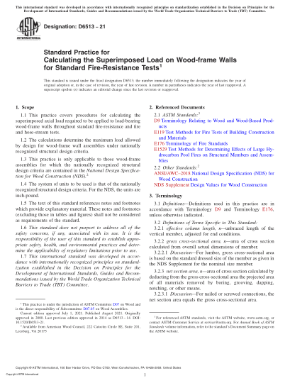 ASTM D6513-2021Standard Practice for Calculating the Superimposed Load on Wood-frame Walls for Standard Fire-Resistance Tests
