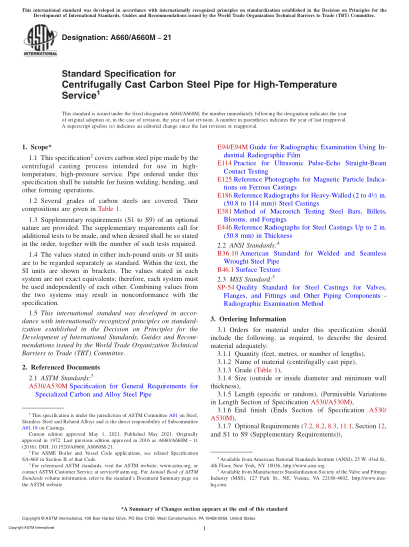 ASTM A660/A660M-2021Standard Specification for Centrifugally Cast Carbon Steel Pipe for High-Temperature Service
