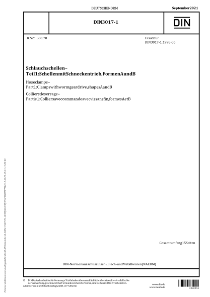 DIN 3017-1-2021Hose clamps - Part 1: Clamps with worm gear drive, shapes A and B