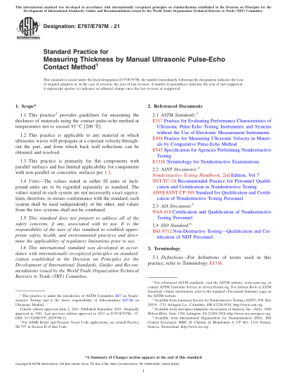 ASTM E797/E797M-2021Standard Practice for Measuring Thickness by Manual Ultrasonic Pulse-Echo Contact Method
