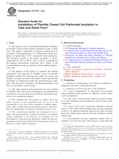ASTM C1710-2021aStandard Guide for Installation of Flexible Closed Cell Preformed Insulation in Tube and Sheet Form