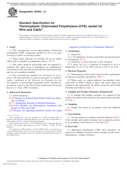 ASTM D4363-2021Standard Specification for Thermoplastic Chlorinated Polyethylene (CPE) Jacket for Wire and Cable