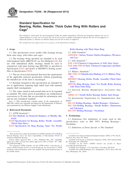ASTM F2246-2006(2013)針式滾柱軸承：帶滾筒和籠的厚外圈規(guī)格Standard Specification for Bearing,Roller,Needle:Thick Outer Ring With Rollers and Cage