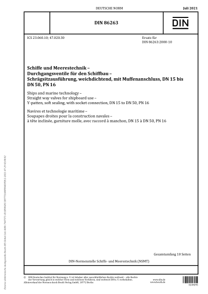 DIN 86263-2021Ships and marine technology - Straight way valves for shipboard use - Y-patten, soft sealing, with socket connection, DN 15 to DN 50, PN 16