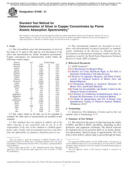 ASTM E1898-2021Standard Test Method for Determination of Silver in Copper Concentrates by Flame Atomic Absorption Spectrometry