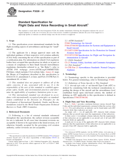 ASTM F3228-2021Standard Specification for Flight Data and Voice Recording in Small Aircraft
