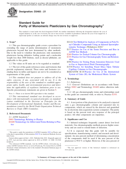 ASTM D3465-2021Standard Guide for Purity of Monomeric Plasticizers by Gas Chromatography