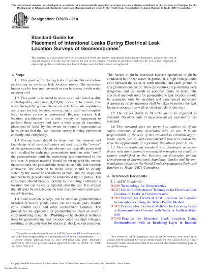 ASTM D7909-2021aStandard Guide for Placement of Intentional Leaks During Electrical Leak Location Surveys of Geomembranes
