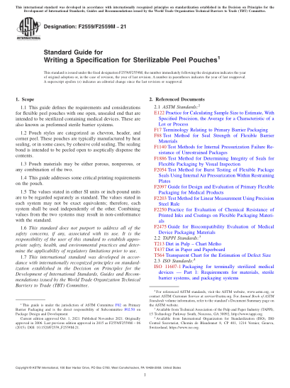 ASTM F2559/F2559M-2021Standard Guide for Writing a Specification for Sterilizable Peel Pouches