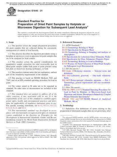 ASTM E1645-2021Standard Practice for Preparation of Dried Paint Samples by Hotplate or Microwave Digestion for Subsequent Lead Analysis