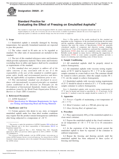 ASTM D6929-2021Standard Practice for Evaluating the Effect of Freezing on Emulsified Asphalts