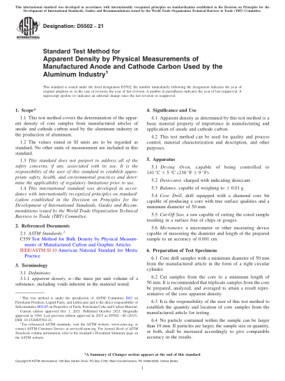 ASTM D5502-2021Standard Test Method for Apparent Density by Physical Measurements of Manufactured Anode and Cathode Carbon Used by the Aluminum Industry