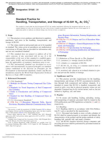 ASTM D7325-2021Standard Practice for Handling, Transportation, and Storage of IG-541 N2, Ar, CO2
