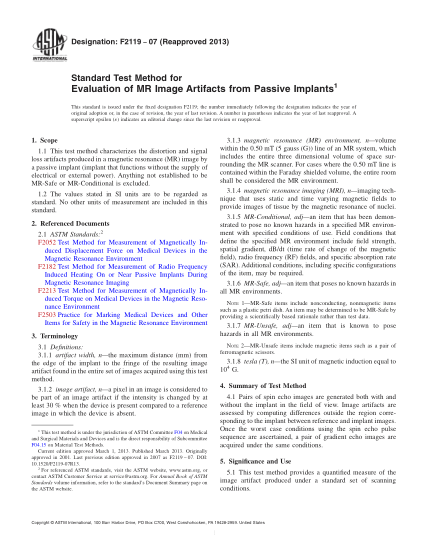 ASTM F2119-2007(2013)評定無源植入物磁共振圖像偽影的試驗方法Standard Test Method for Evaluation of MR Image Artifacts from Passive Implants