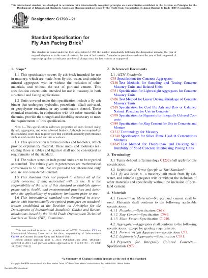 ASTM C1790-2021Standard Specification for Fly Ash Facing Brick