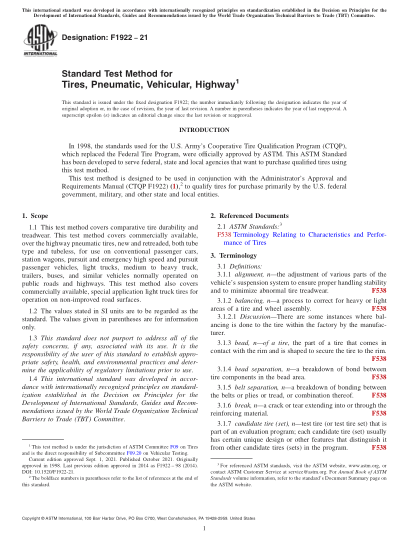 ASTM F1922-2021Standard Test Method for Tires, Pneumatic, Vehicular, Highway