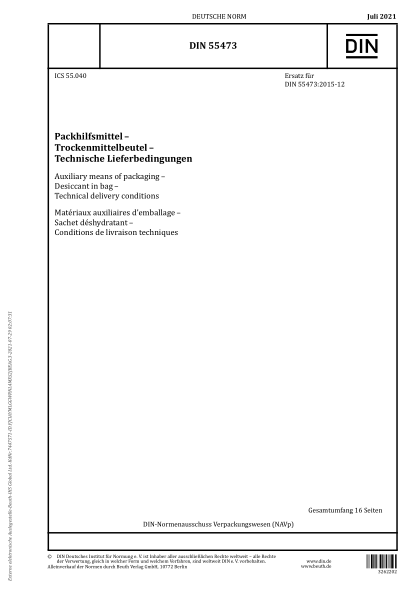 DIN 55473-2021Auxiliary means of packaging - Desiccant in bag - Technical delivery conditions