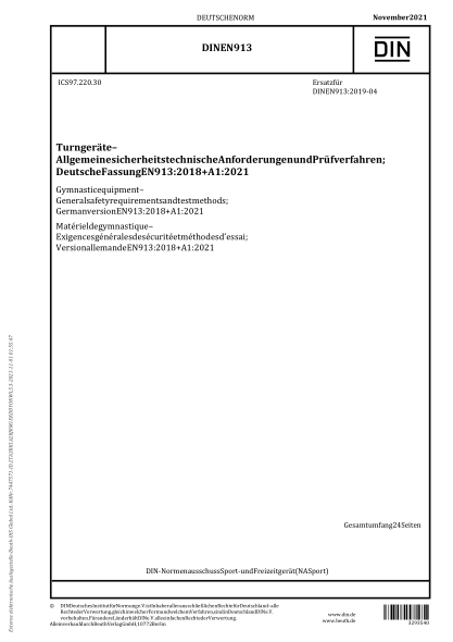 DIN EN 913-2021Gymnastic equipment - General safety requirements and test methods; German version EN 913:2018+A1:2021