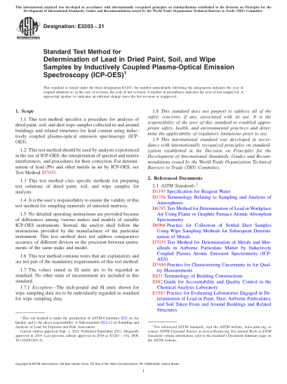 ASTM E3203-2021Standard Test Method for Determination of Lead in Dried Paint, Soil, and Wipe Samples by Inductively Coupled Plasma-Optical Emission Spectroscopy (ICP-OES)