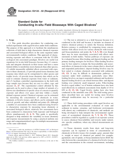 ASTM E2122-2002(2013)籠裝蚌類現(xiàn)場(chǎng)生物測(cè)定的實(shí)施指南Standard Guide for Conducting In-situ Field Bioassays With Caged Bivalves