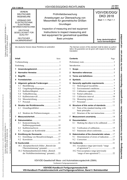VDI/VDE/DGQ/DKD 2618 Blatt 1.1-2021Inspection of measuring and test equipment - Instructions to inspect measuring and test equipment for geometrical quantities - Basic principles