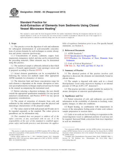 ASTM D5258-2002(2013)用密閉式容器微波加熱法對沉積物中元素酸萃取的規(guī)程Standard Practice for Acid-Extraction of Elements from Sediments Using Closed Vessel Microwave Heating