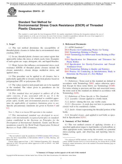 ASTM D5419-2021Standard Test Method for Environmental Stress Crack Resistance (ESCR) of Threaded Plastic Closures