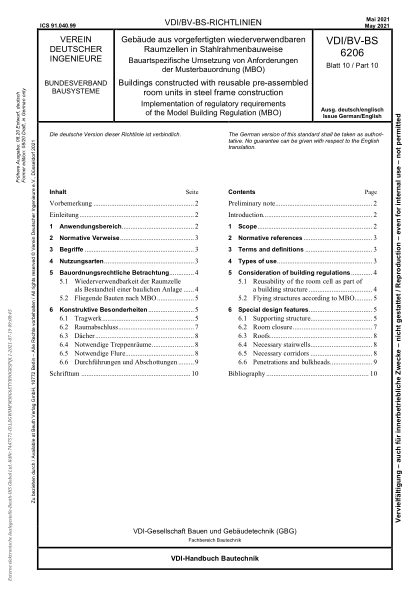 VDI/BV-BS 6206 Blatt 10-2021Buildings constructed with reusable pre-assembled room units in steel frame construction - Implementation of regulatory requirements of the Model Building Regulation (MBO)