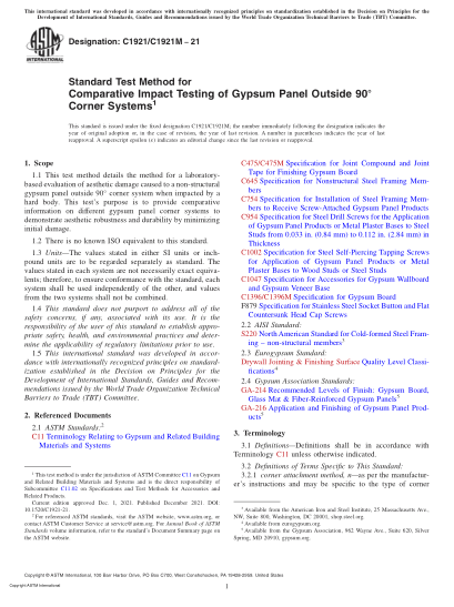 ASTM C1921/C1921M-2021Standard Test Method for Comparative Impact Testing of Gypsum Panel Outside 90° Corner Systems