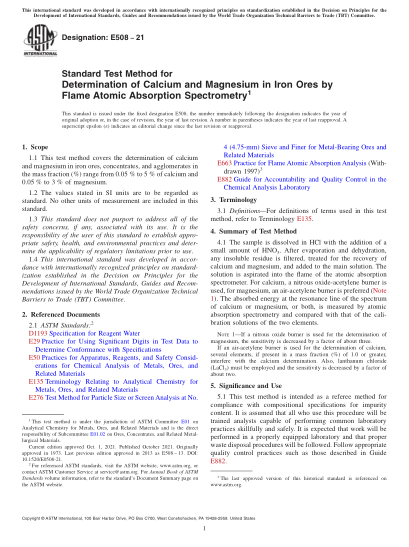 ASTM E508-2021Standard Test Method for Determination of Calcium and Magnesium in Iron Ores by Flame Atomic Absorption Spectrometry