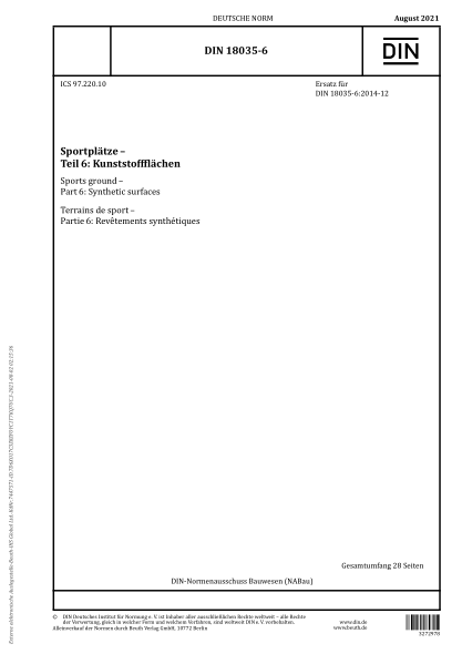 DIN 18035-6-2021Sports ground - Part 6: Synthetic surfaces