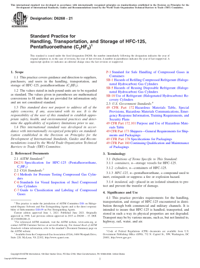 ASTM D6268-2021Standard Practice for Handling, Transportation, and Storage of HFC-125, Pentafluoroethane (C2HF5)