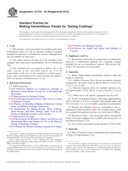 ASTM D1734-1993(2013)Standard Practice for Making Cementitious Panels for Testing Coatings