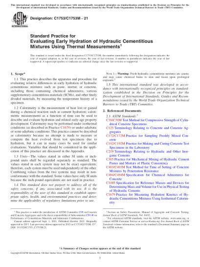 ASTM C1753/C1753M-2021Standard Practice for Evaluating Early Hydration of Hydraulic Cementitious Mixtures Using Thermal Measurements