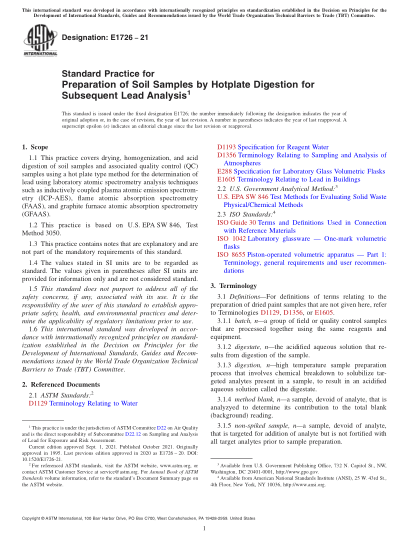 ASTM E1726-2021Standard Practice for Preparation of Soil Samples by Hotplate Digestion for Subsequent Lead Analysis