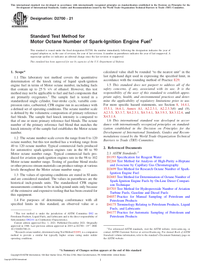 ASTM D2700-2021Standard Test Method for Motor Octane Number of Spark-Ignition Engine Fuel