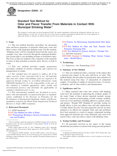 ASTM E2892-2021Standard Test Method for Odor and Flavor Transfer From Materials in Contact With Municipal Drinking Water
