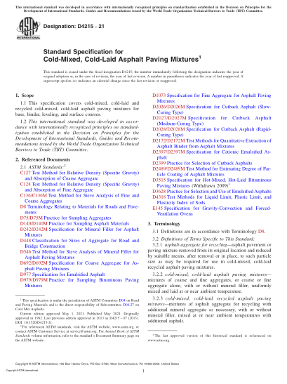 ASTM D4215-2021Standard Specification for Cold-Mixed, Cold-Laid Asphalt Paving Mixtures
