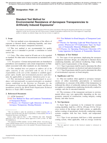 ASTM F520-2021Standard Test Method for Environmental Resistance of Aerospace Transparencies to Artificially Induced Exposures