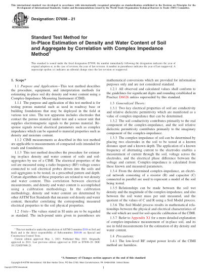 ASTM D7698-2021Standard Test Method for In-Place Estimation of Density and Water Content of Soil and Aggregate by Correlation with Complex Impedance Method